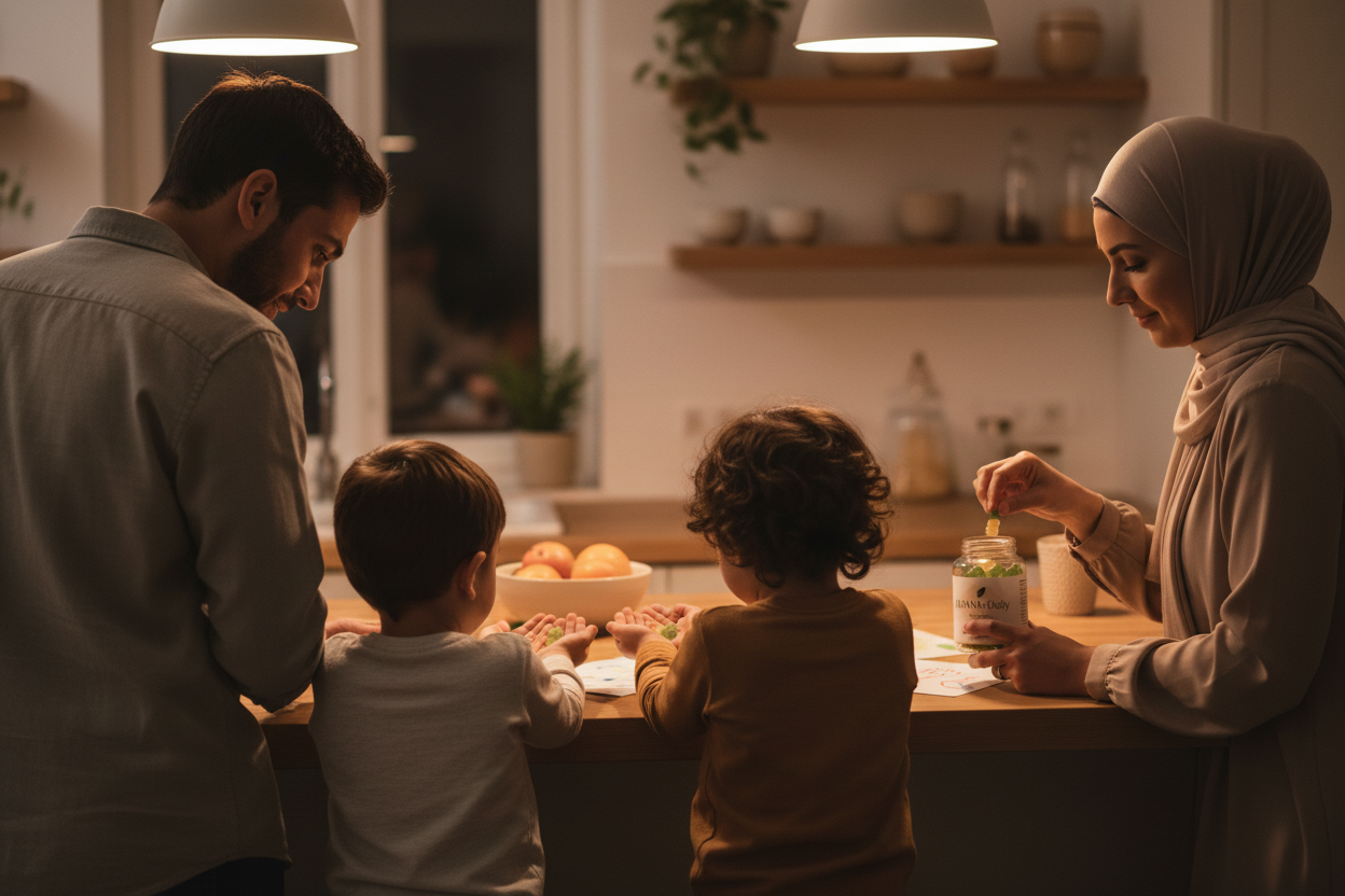 Familia reunida alrededor de AMANA Daily